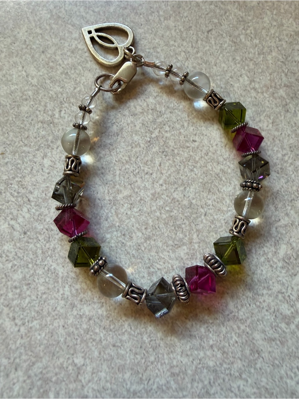 Beaded Crystal Cube Bracelet in Pink, Green & Gray